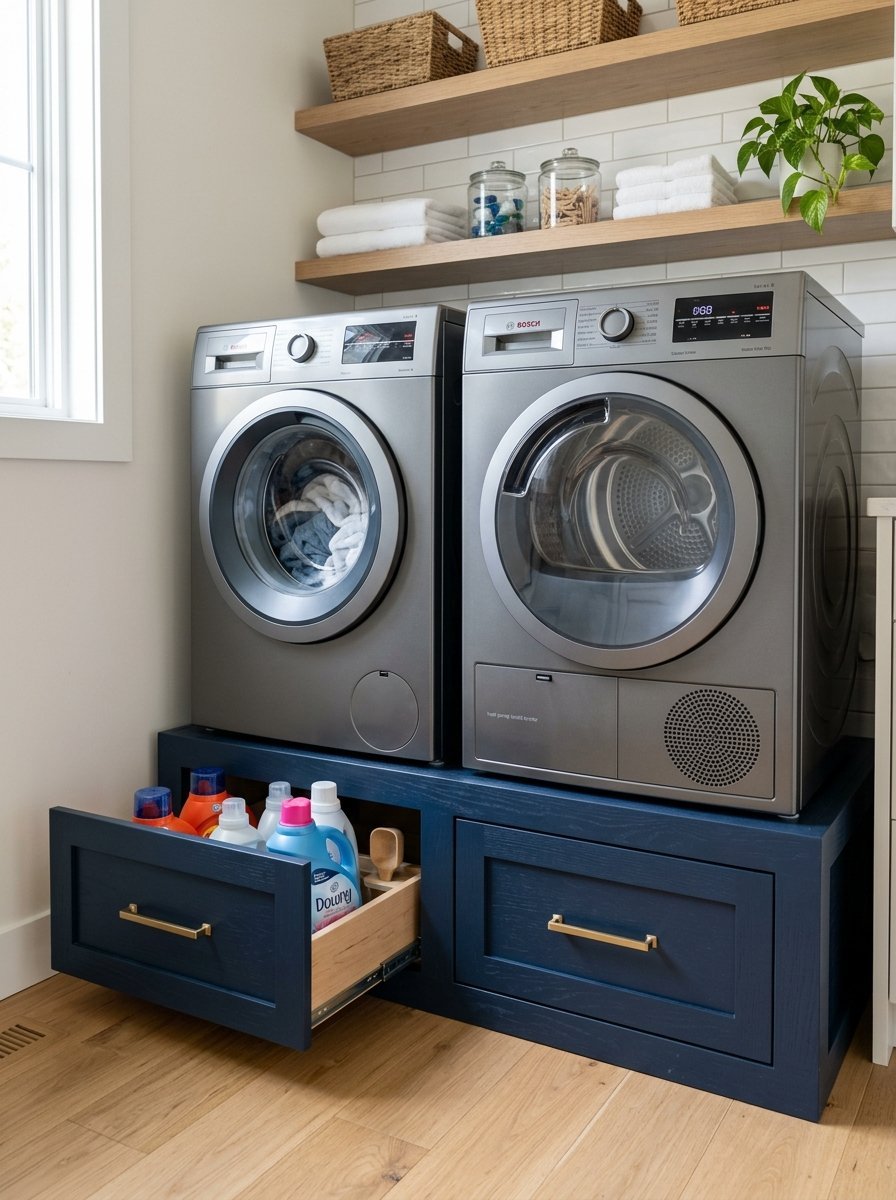 Stainless steel washer and dryer sit on a dark blue wooden storage base with a pull-out detergent drawer.