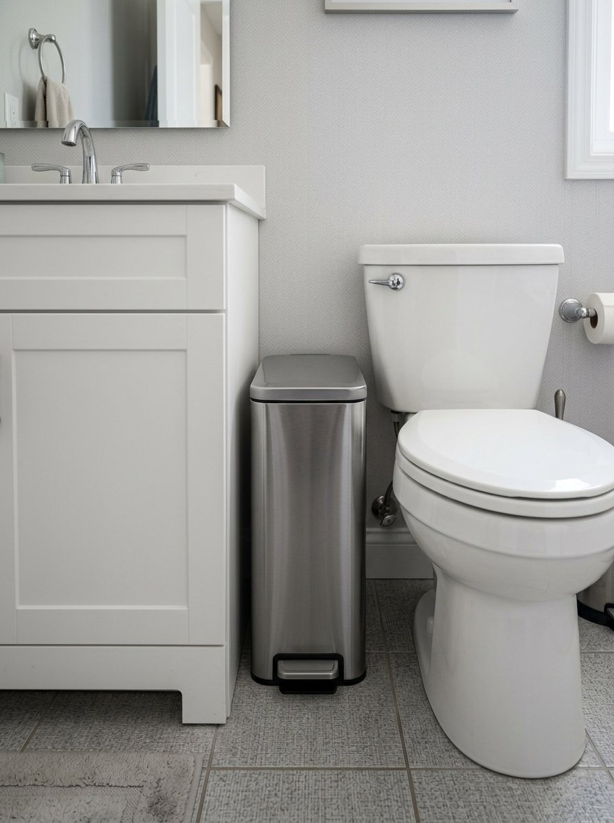 Modern metal step trash can placed on the tiled floor of a clean white bathroom.
