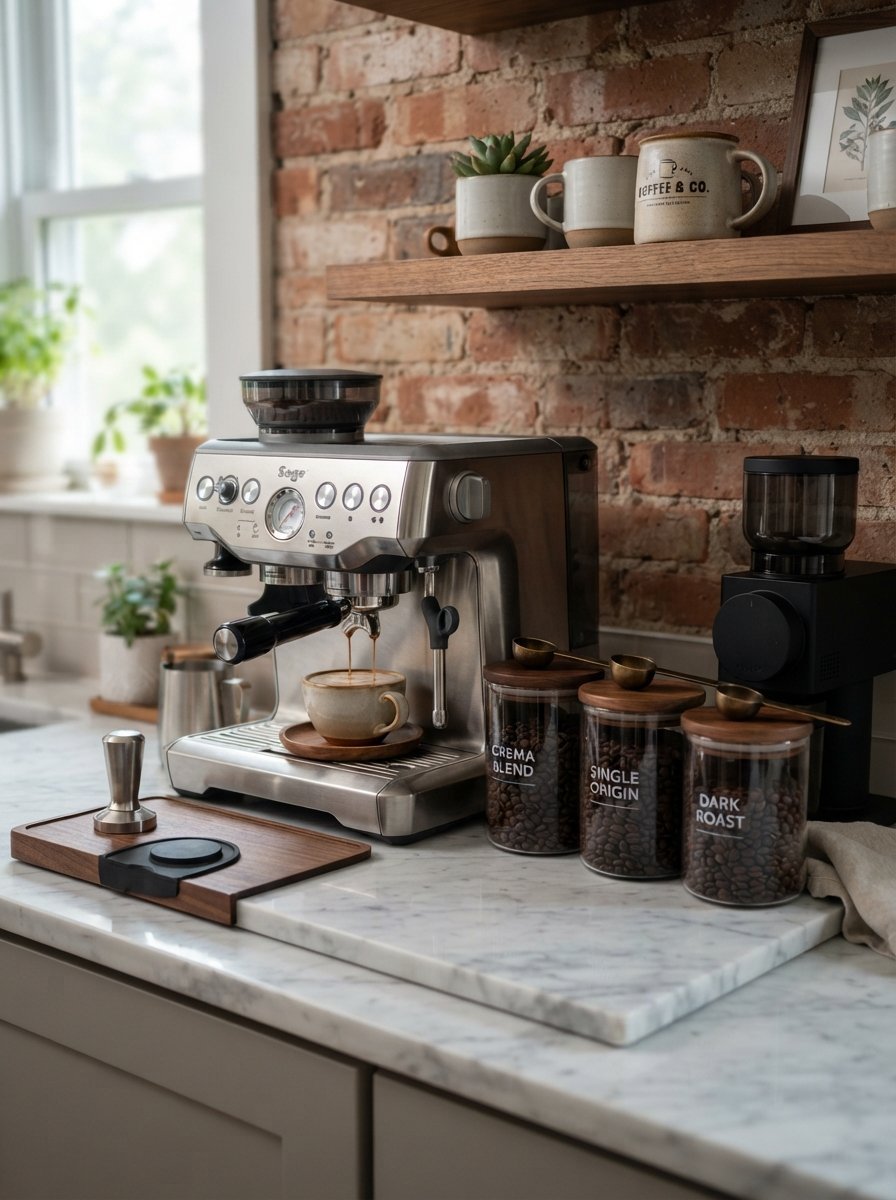 Espresso machine brewing coffee into a cup with glass bean jars and a wooden tamper on a marble countertop.
