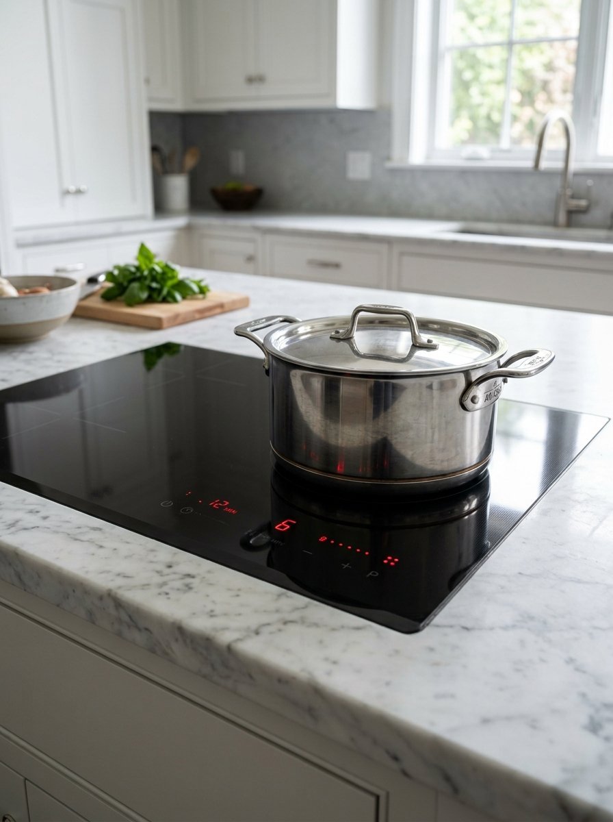 Close-up of a lidded cooking pot on a black induction hob integrated into a marble kitchen island.