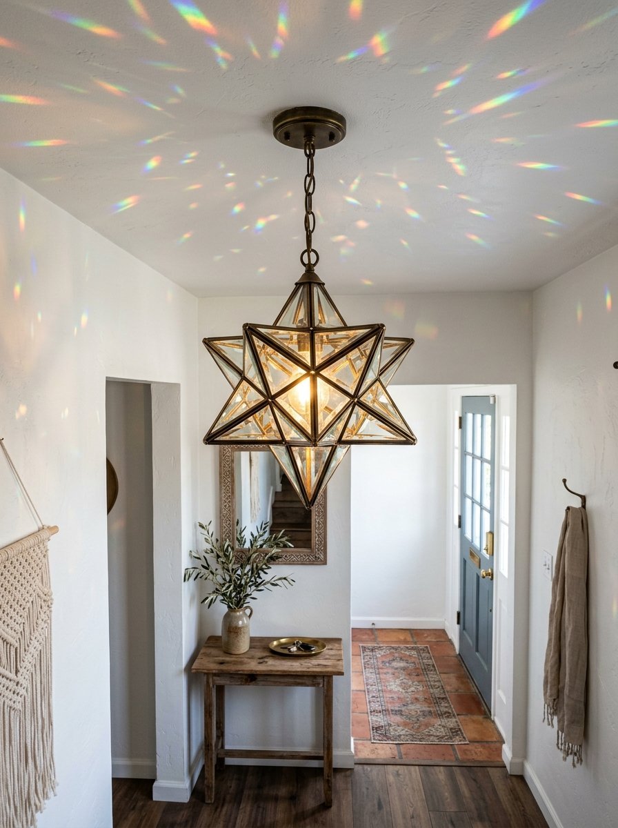 A brass star pendant lamp hangs in an entryway, creating prismatic light patterns on the white ceiling.