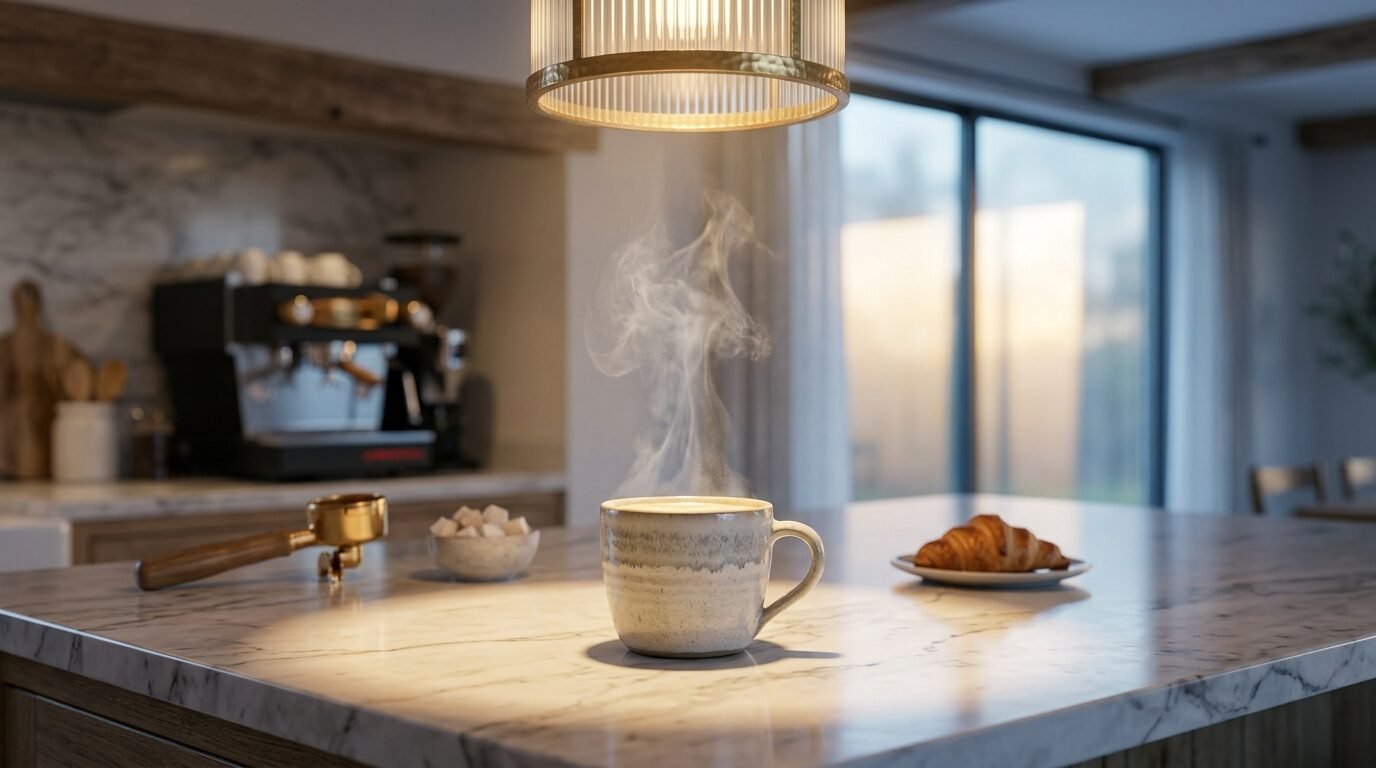 A rustic mug with rising steam sits on a white marble kitchen counter next to a croissant and espresso portafilter.