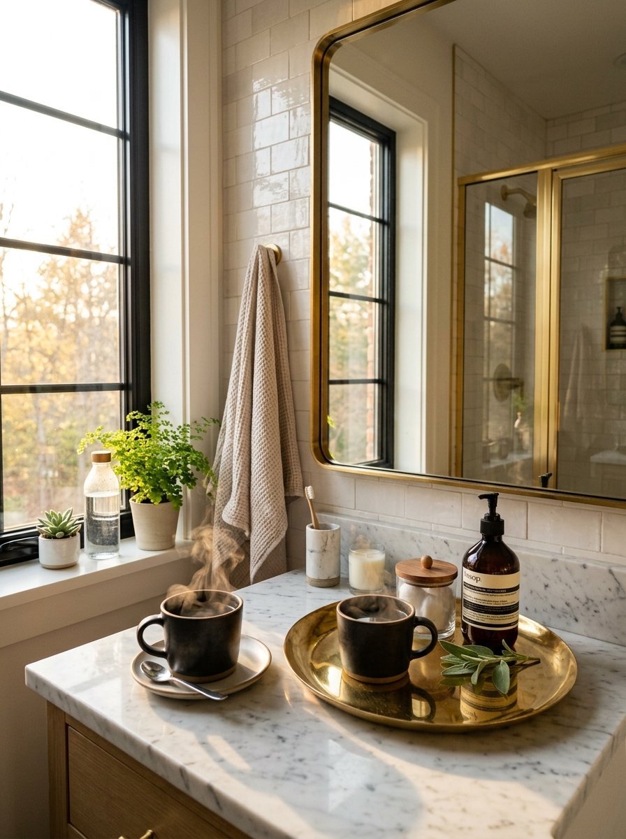 Steaming dark mugs on a marble bathroom vanity with brass accents and green plants near a window.