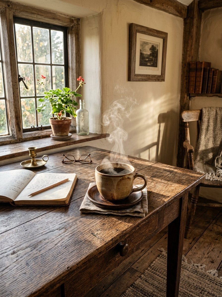 Steaming mug on a saucer next to an open notebook and spectacles by a sunlit cottage window.