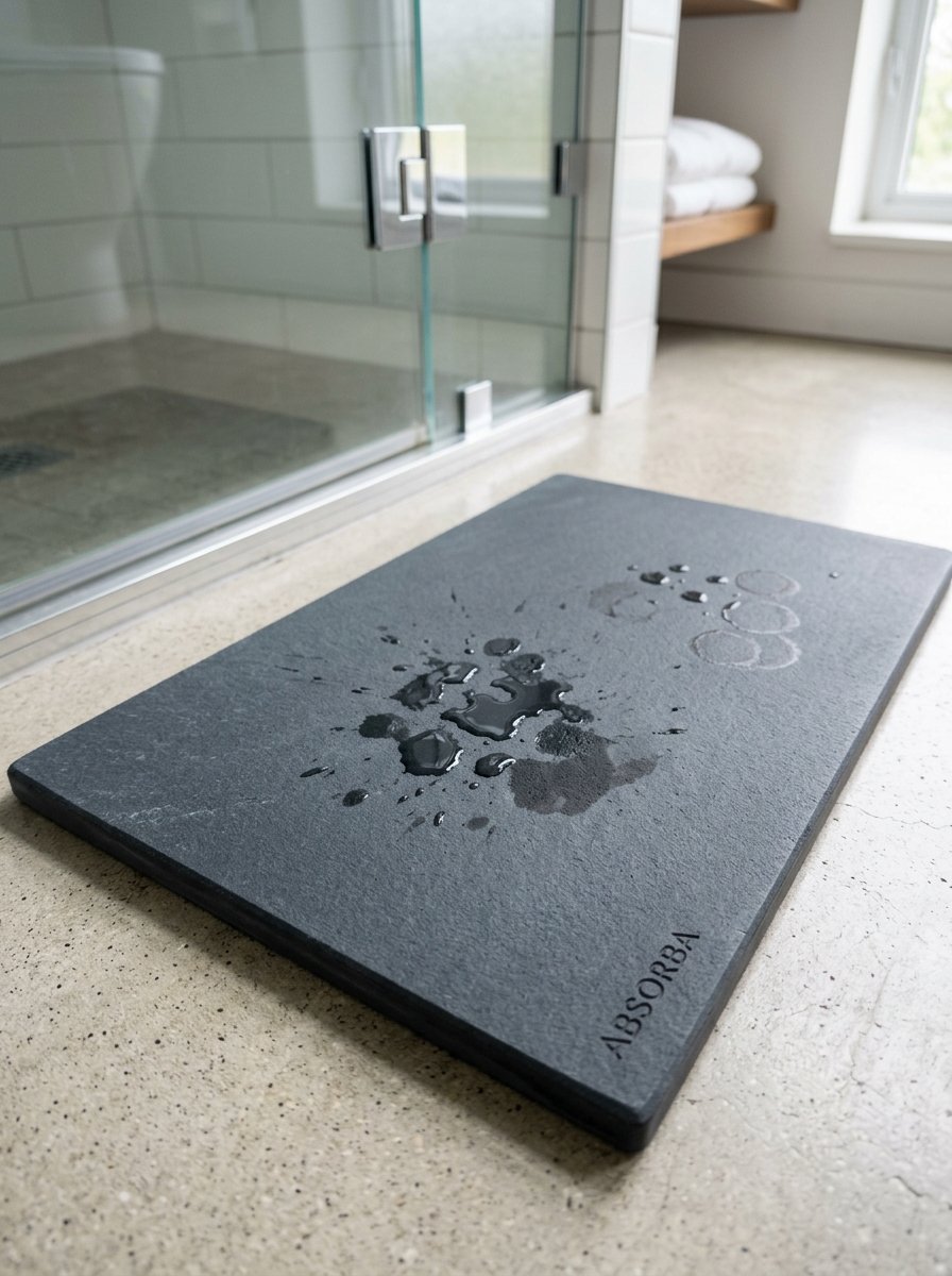 A rectangular grey stone bath mat sitting on a bathroom floor with water droplets on the surface.