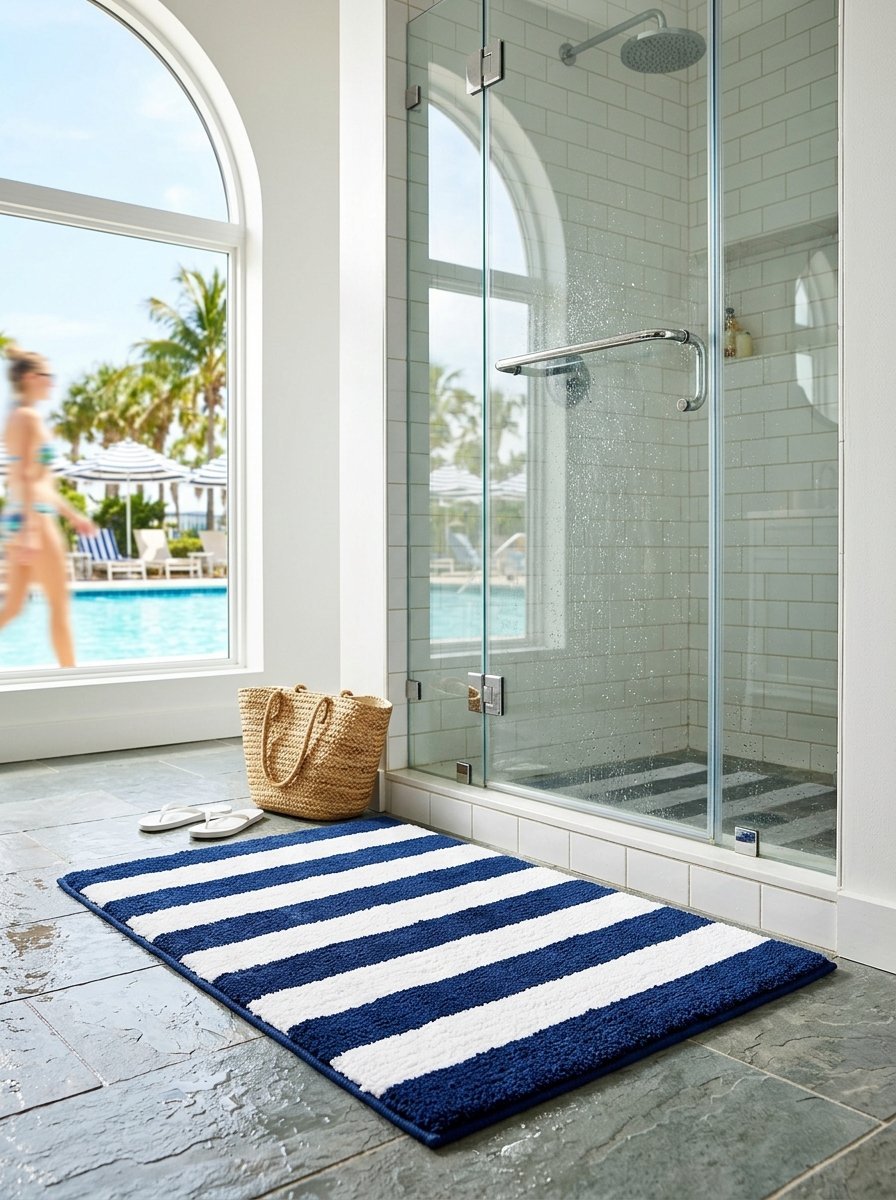 A navy and white striped rug sits on a slate floor outside a glass shower with a pool view.