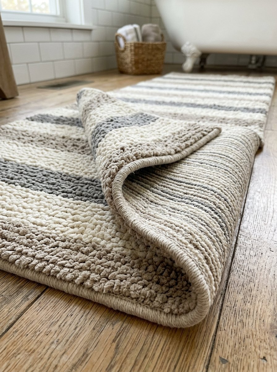 Close-up of a soft, textured striped area rug partially folded on a hardwood bathroom floor.