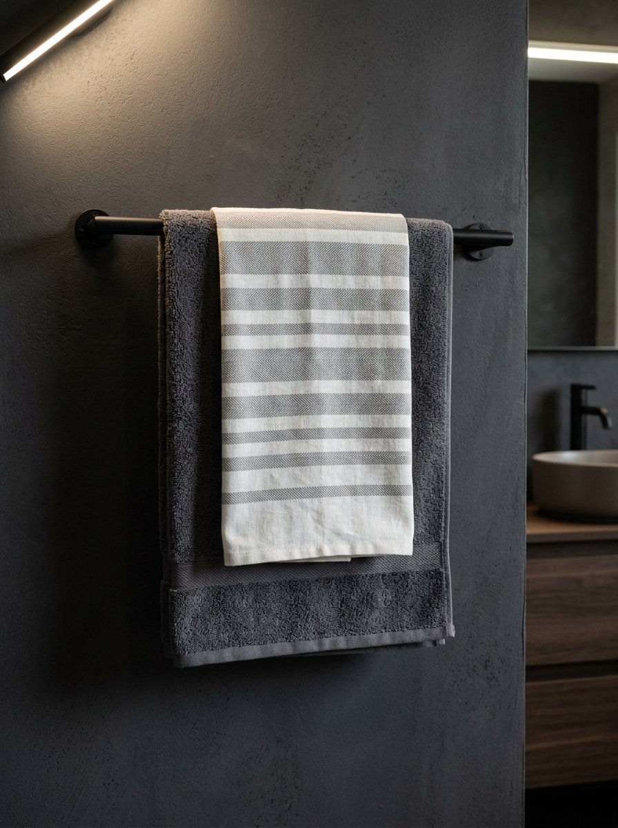 A decorative striped linen towel draped over a solid grey bath towel hanging on a matte black metal bar.