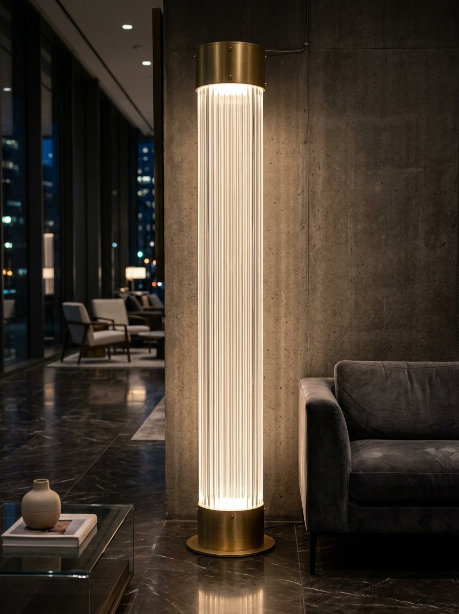 A cylindrical floor lamp with brass ends and glowing vertical glass rods standing against a concrete wall.