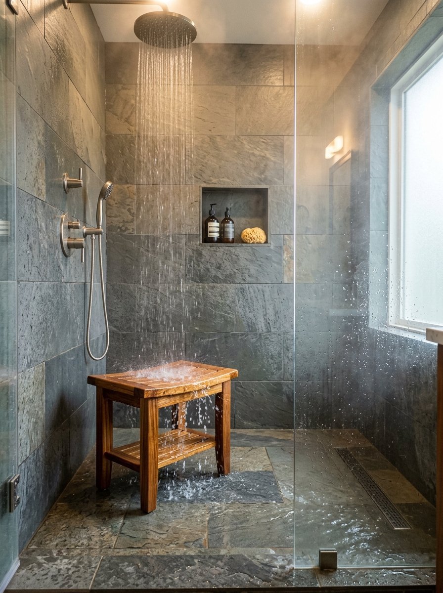 Water falls from a circular shower head onto a wooden bench inside a grey slate walk-in shower.