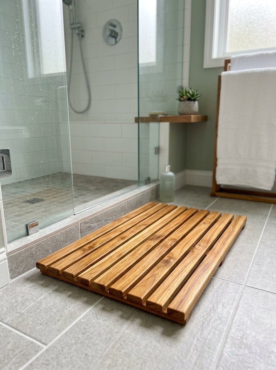 Wooden slat floor mat positioned on grey tile outside a glass shower enclosure.