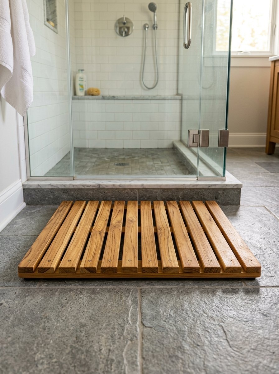 Close up of a wooden slatted floor mat resting on a grey stone bathroom floor outside a glass shower enclosure.