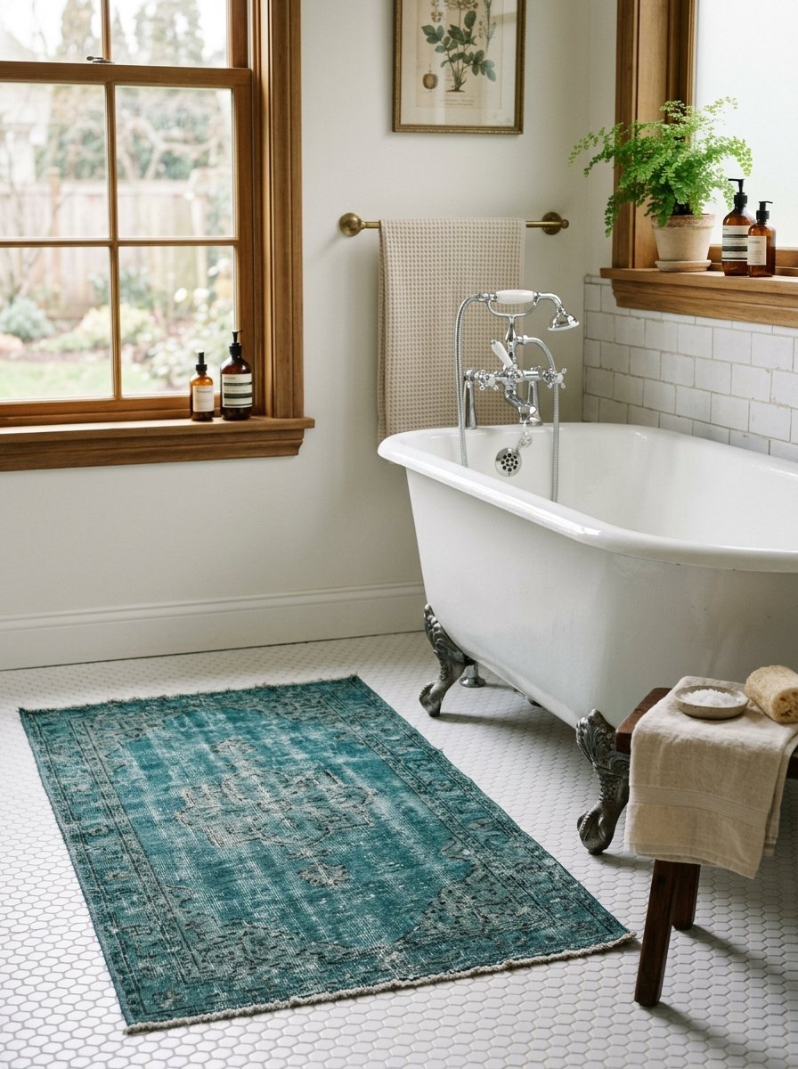 A decorative teal patterned rug placed on a white hex tile floor near a classic white clawfoot bathtub.
