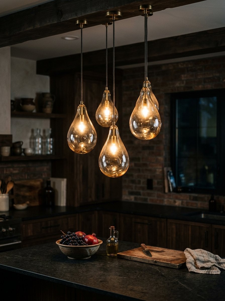 Four amber glass teardrop-shaped pendant lights hanging over a dark kitchen island with fruit and a cutting board.