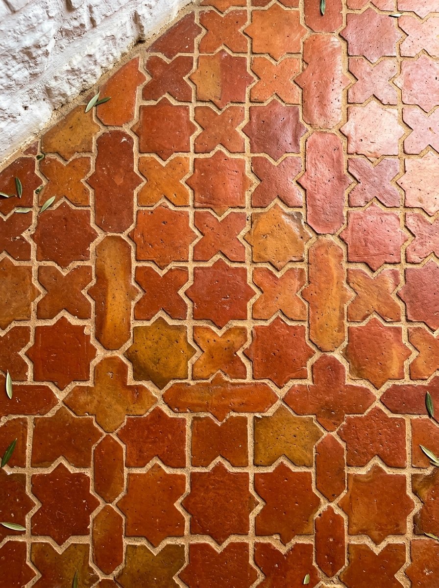 Close-up view of rustic clay floor tiles featuring a repeating star and cross pattern with light grout.