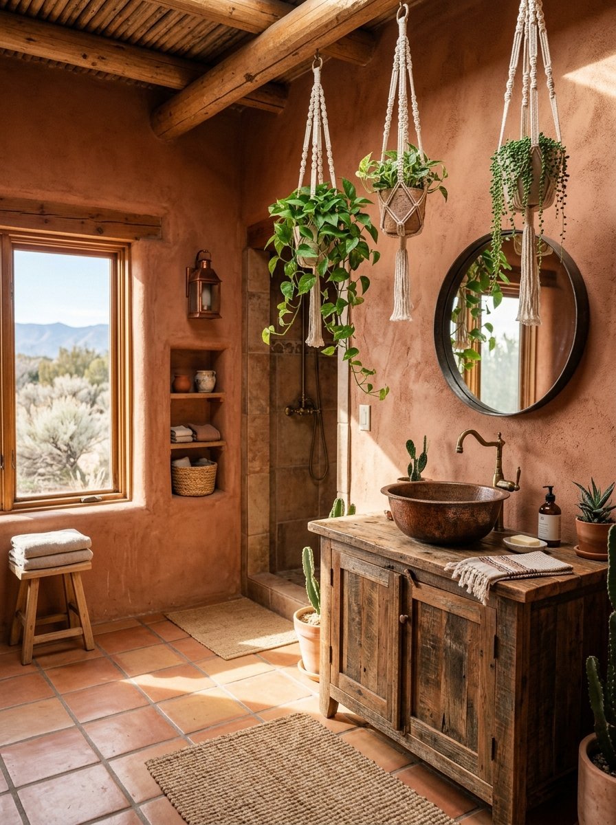 A desert-style bathroom with adobe walls, a wooden vanity, and macrame plant hangers near a round mirror.