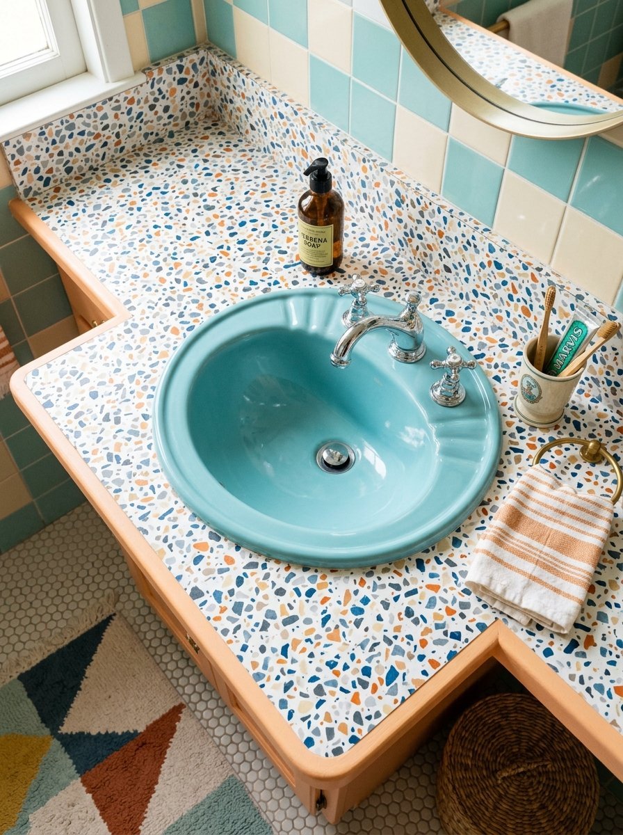High-angle view of a turquoise sink set into a speckled terrazzo countertop with pastel blue and cream wall tiles.