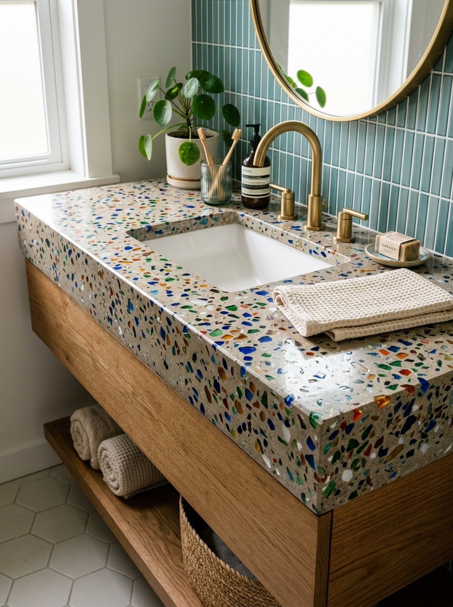 Wood bathroom cabinet with a terrazzo sink countertop, brass faucet, and teal vertical wall tiles.