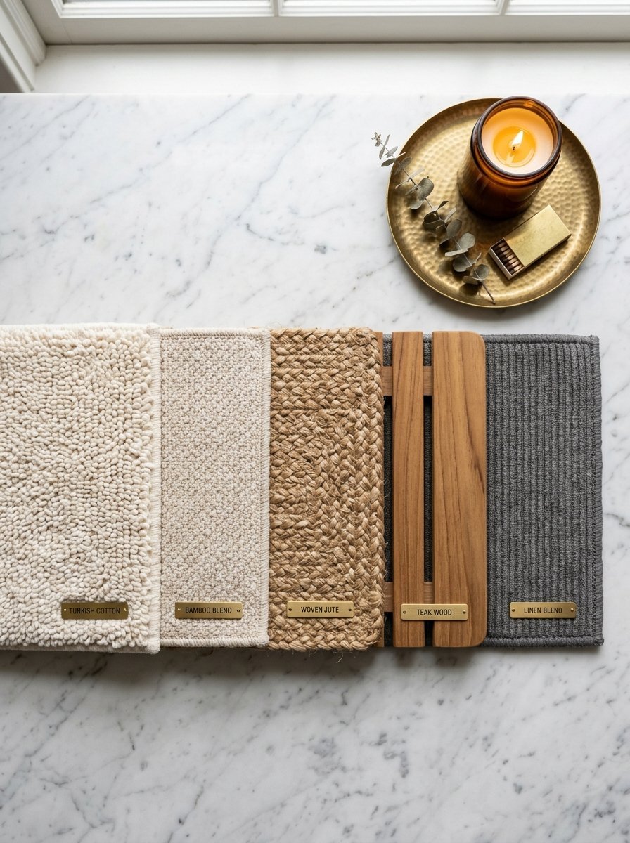 Top-down view of rug and wood material swatches with brass labels on a marble surface next to a candle.