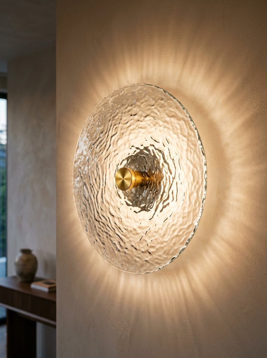 A round rippled glass wall lamp creates a glowing light pattern on a beige plaster wall.