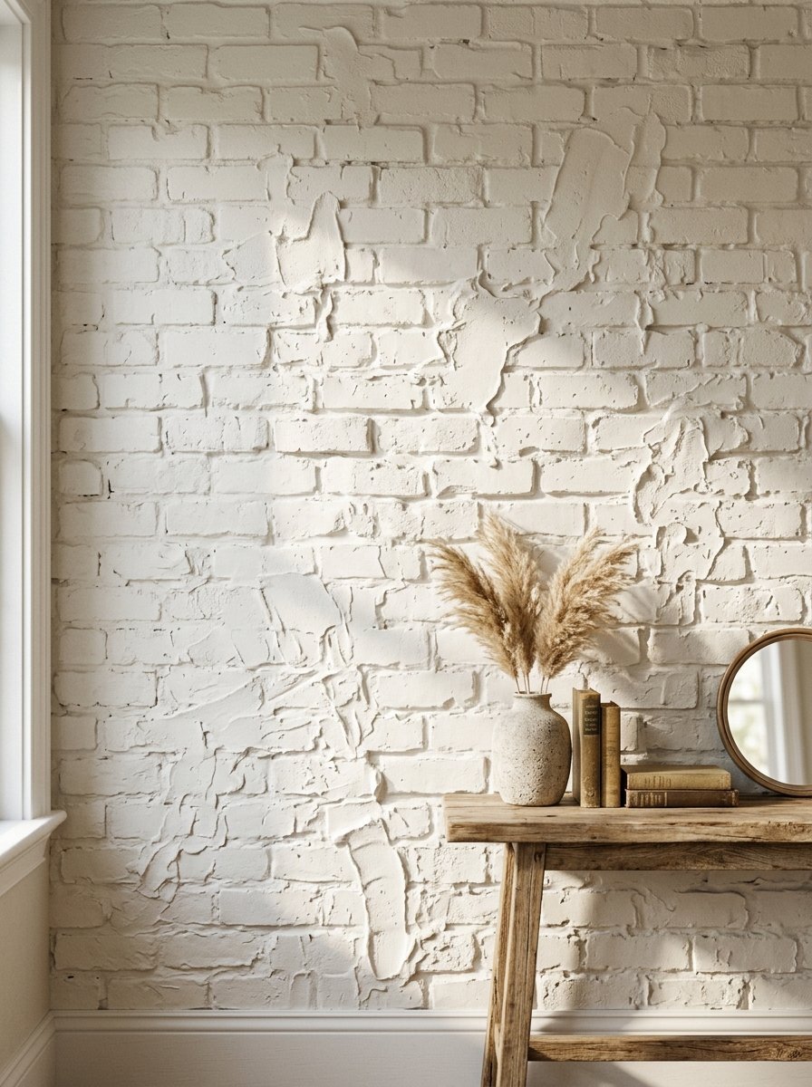 A stone vase with pampas grass and antique books on a wood table in front of a white distressed brick wall.