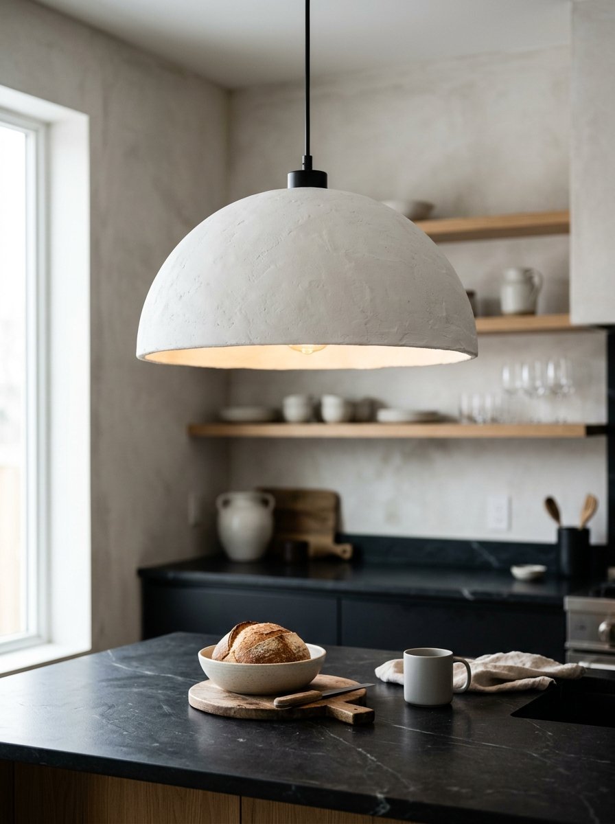 Large textured white dome pendant light hanging above a black marble kitchen island with bread and a coffee mug.