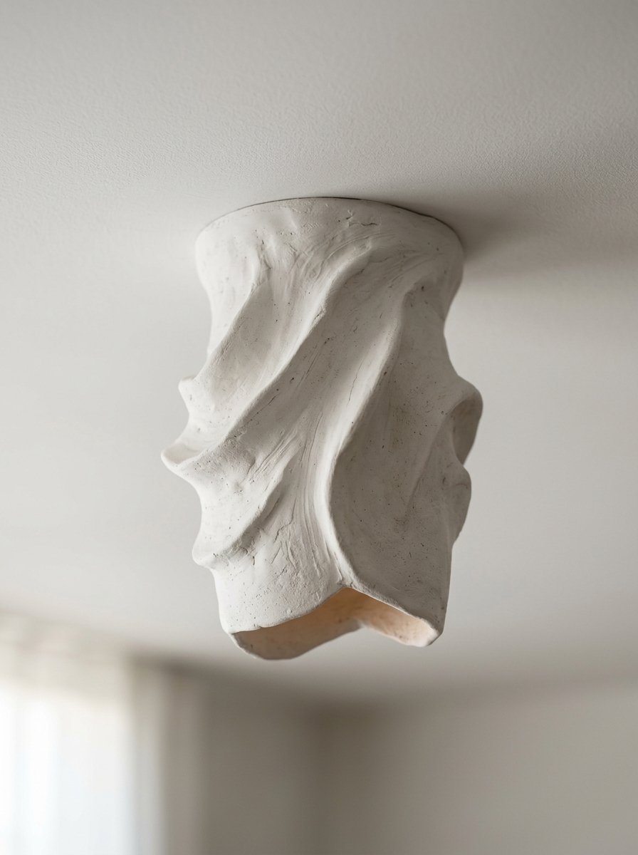Close up of an organic white textured light fixture attached to a white ceiling.