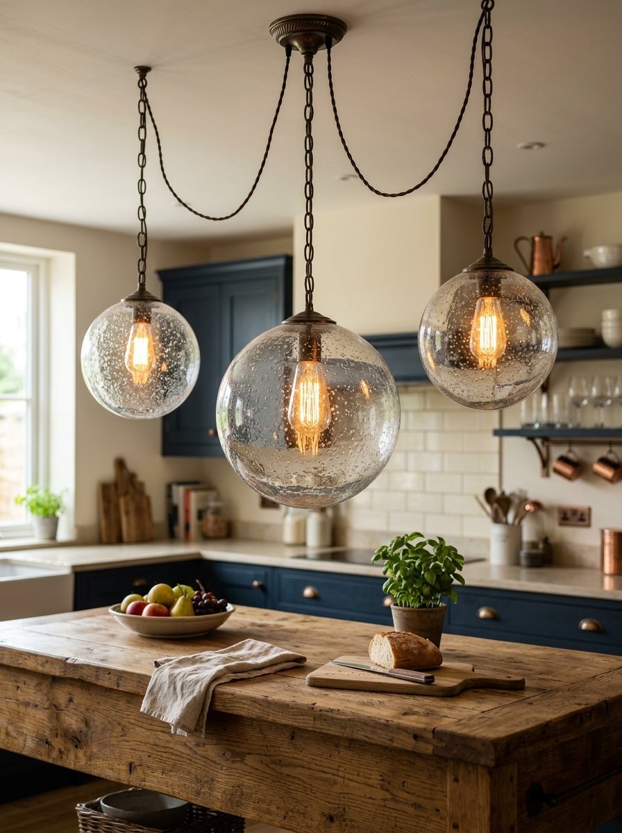 Three round, seeded glass globe pendant lights hang over a wooden kitchen island with fruit and bread.