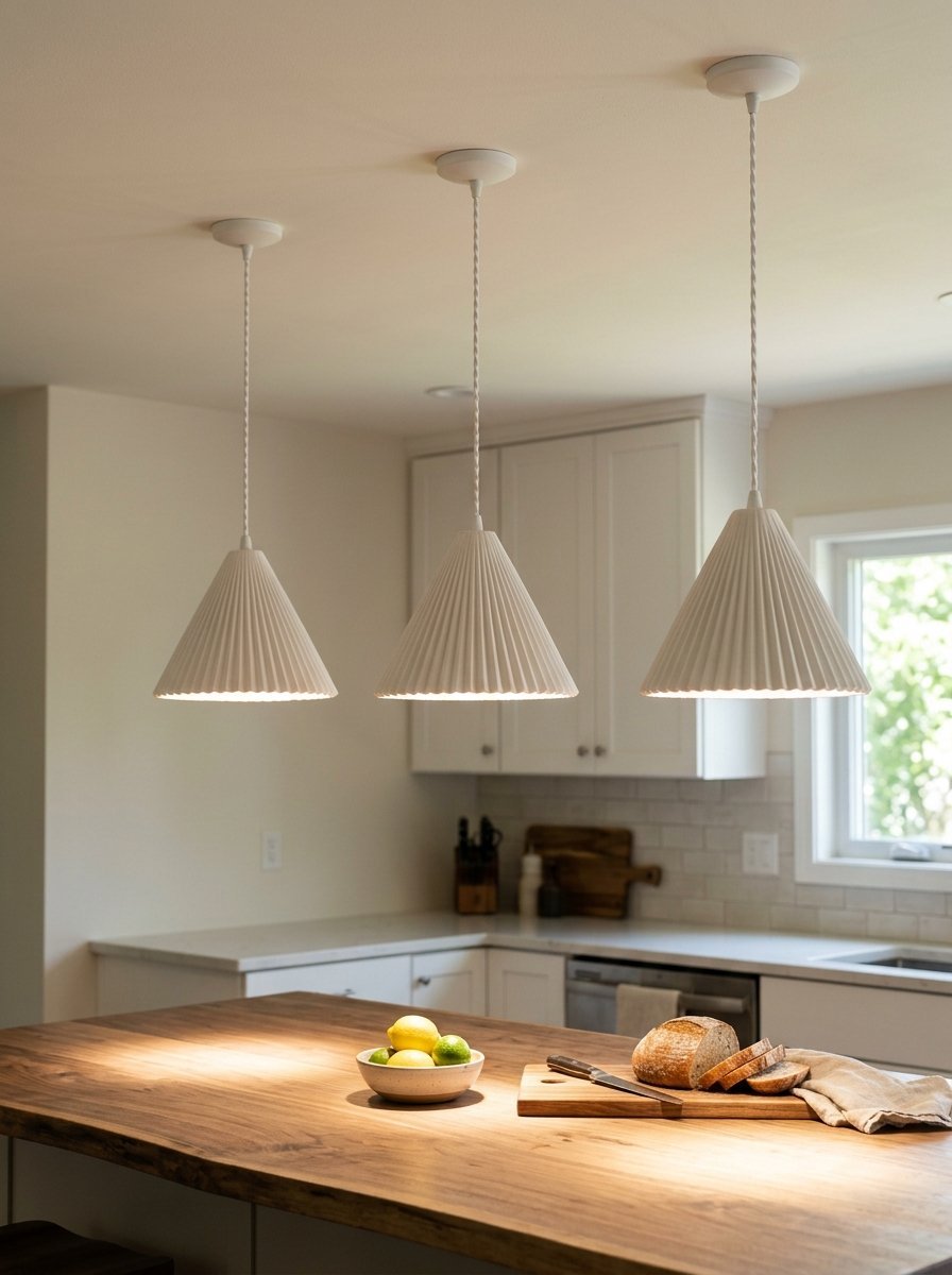 A trio of fluted white cone-shaped pendant lights illuminating a rustic wood kitchen countertop with fruit and bread.