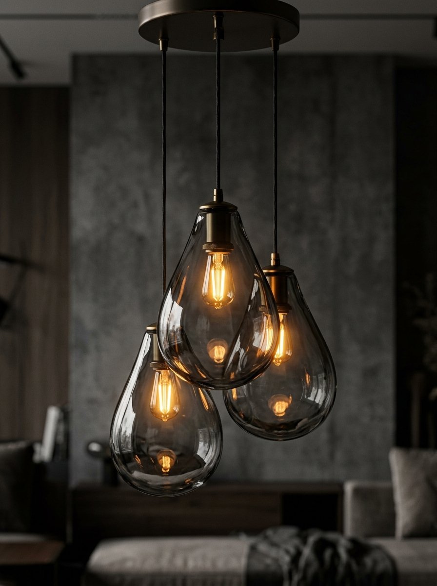A cluster of three transparent grey glass teardrop-shaped light fixtures with glowing vintage-style bulbs.