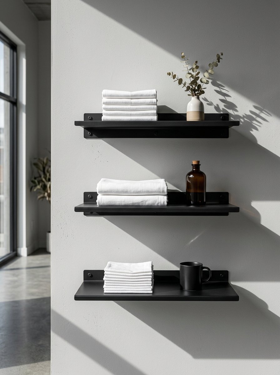 Three black wall-mounted shelves holding folded white towels, a vase, an amber bottle, and a black mug.