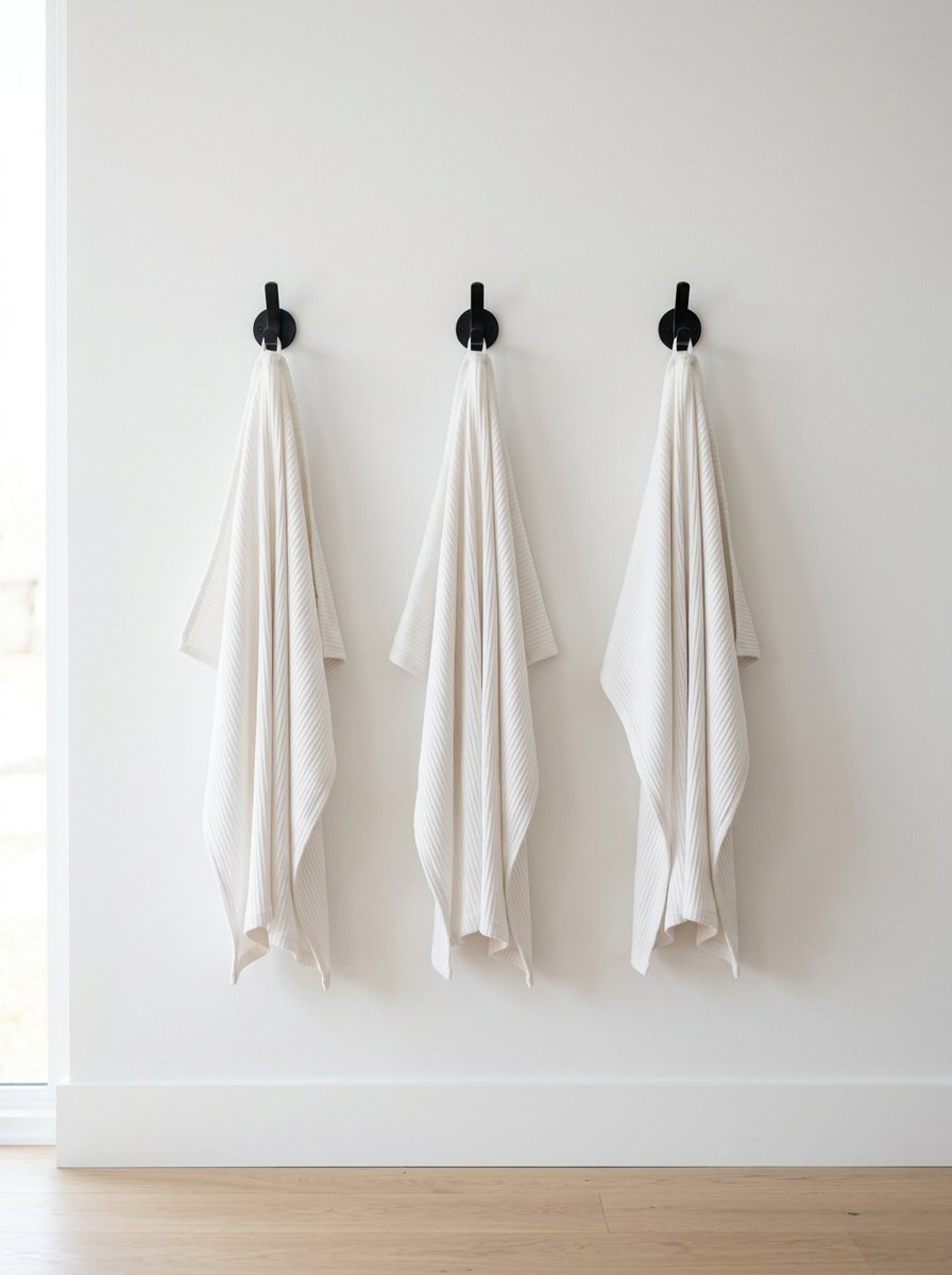 Close up of three white cotton bath towels suspended from round black metal hooks on a smooth white interior wall.
