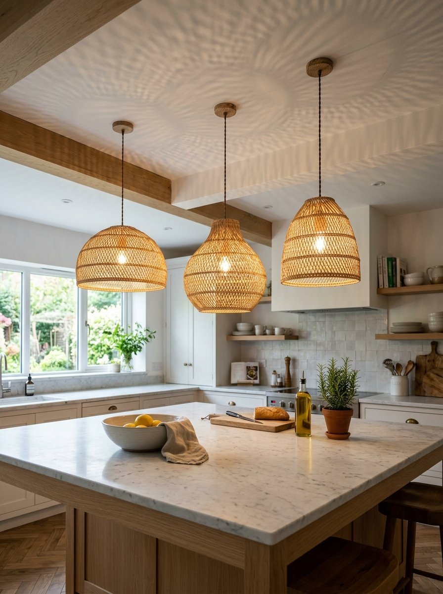 A kitchen island with a marble countertop features three hanging woven basket lights above it.