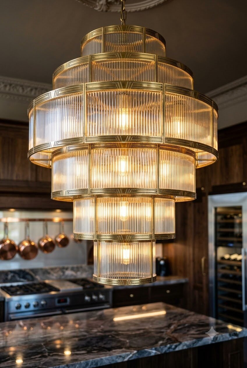 A multi-tiered circular brass light fixture with vertical glass rods illuminated in a kitchen.