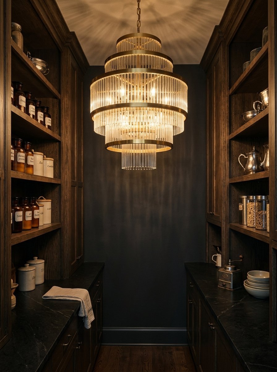 A multi-tiered crystal and brass light fixture centered in a narrow, dark wooden pantry with shelves.