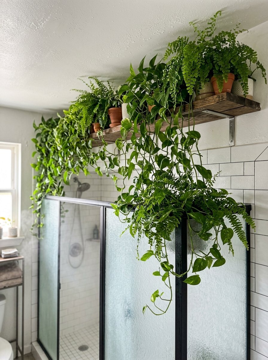 Pothos and ferns overflowing from a wood shelf above a glass shower stall with white subway tiles.