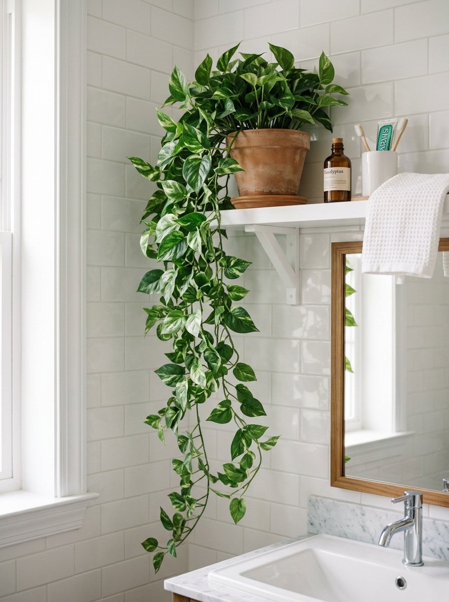 A long, leafy green pothos plant in a terracotta pot resting on a shelf above a marble bathroom vanity.