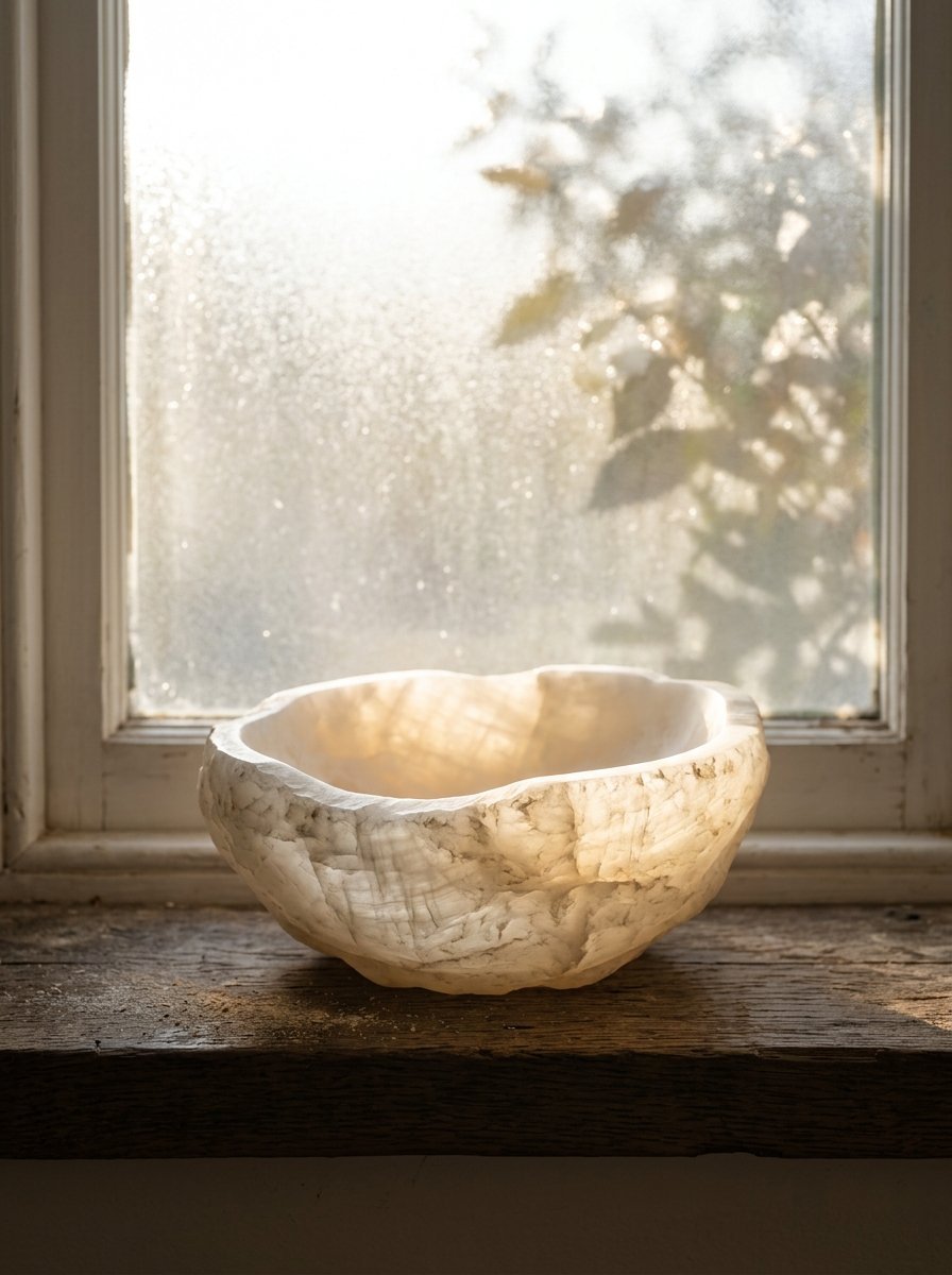 A carved marble or alabaster bowl glowing in the sunlight on a wooden ledge in front of a window.