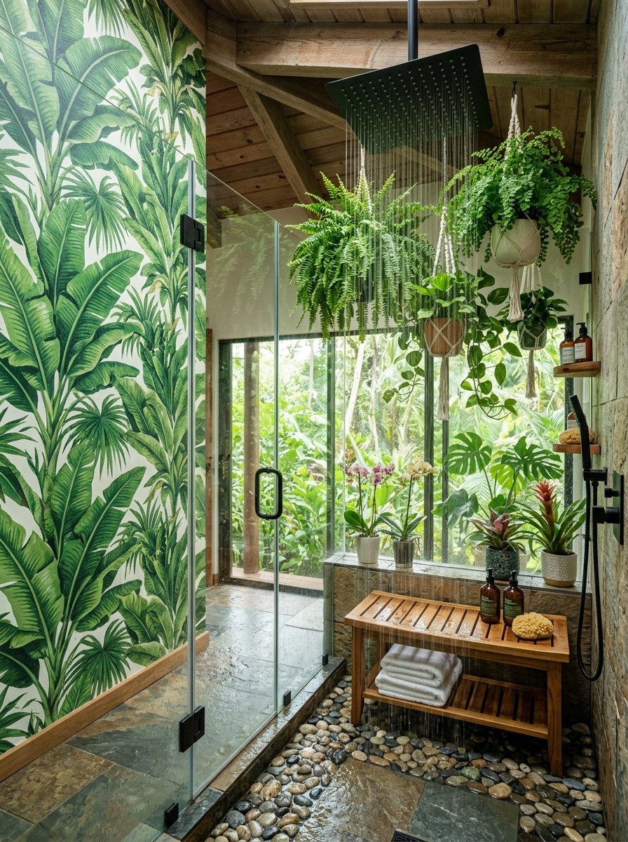 Walk-in shower with stone floors, banana leaf wallpaper, and various hanging ferns and orchids.