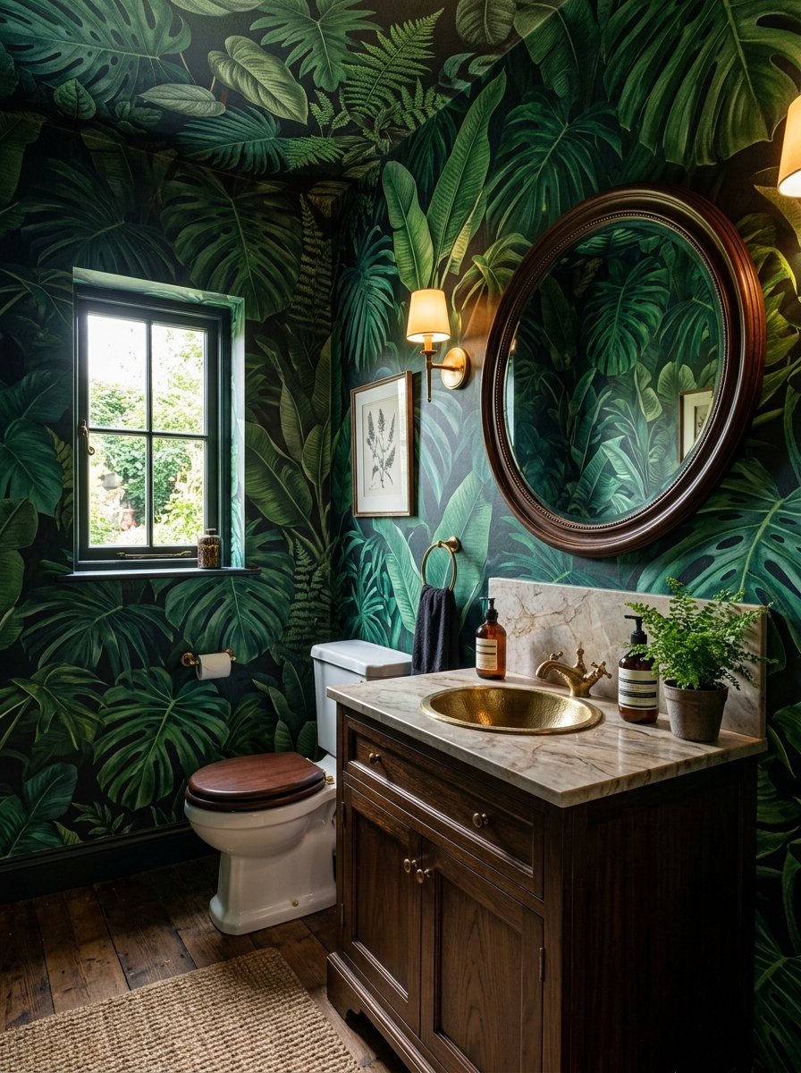Small restroom with dark tropical leaf wallpaper, round wooden mirror, and a gold sink vanity.