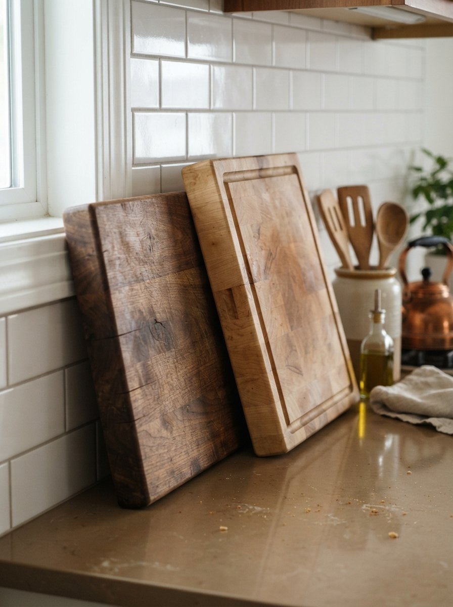 Dark and light wood chopping boards standing on a kitchen counter next to cooking utensils and oil.