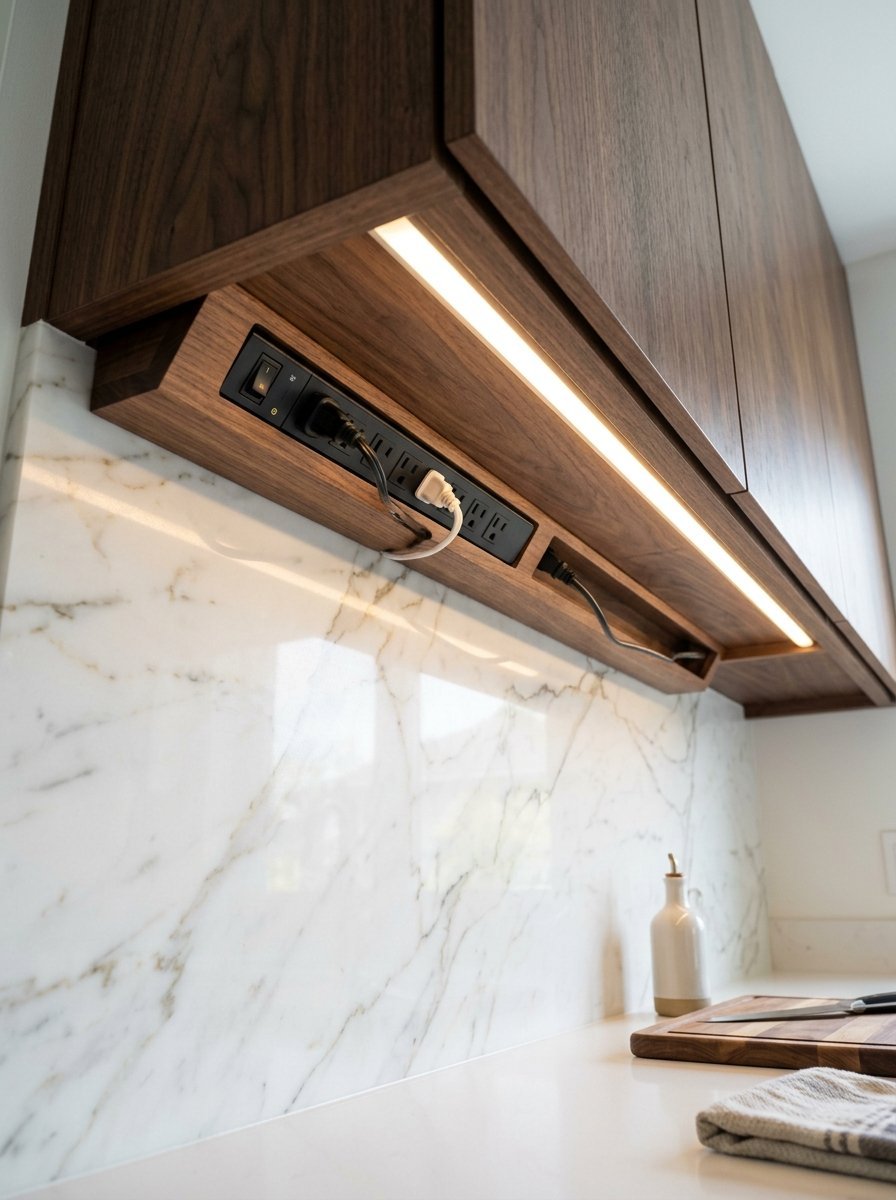 Close-up of a dark wood power strip with LED lighting mounted under kitchen cabinets above marble backsplash.