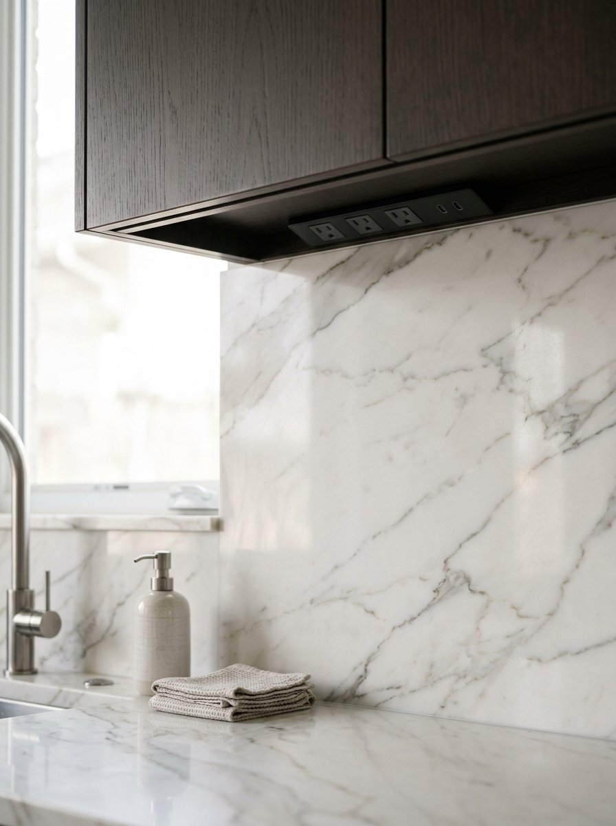 A close-up of a kitchen power strip mounted under cabinets above a white marble backsplash.