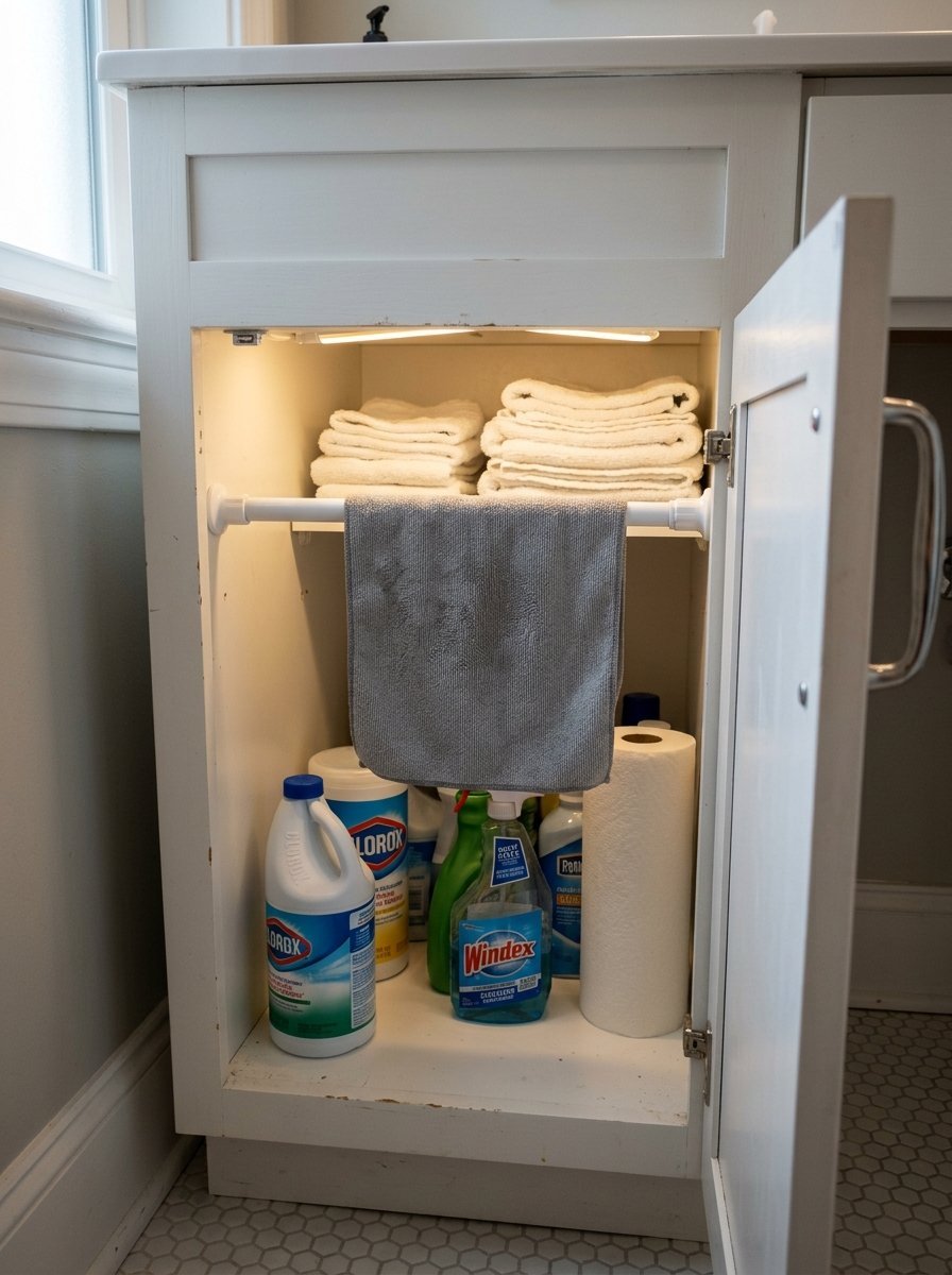 Open bathroom cabinet showing stacked white towels, a hanging grey cloth, and bottles of household cleaners.