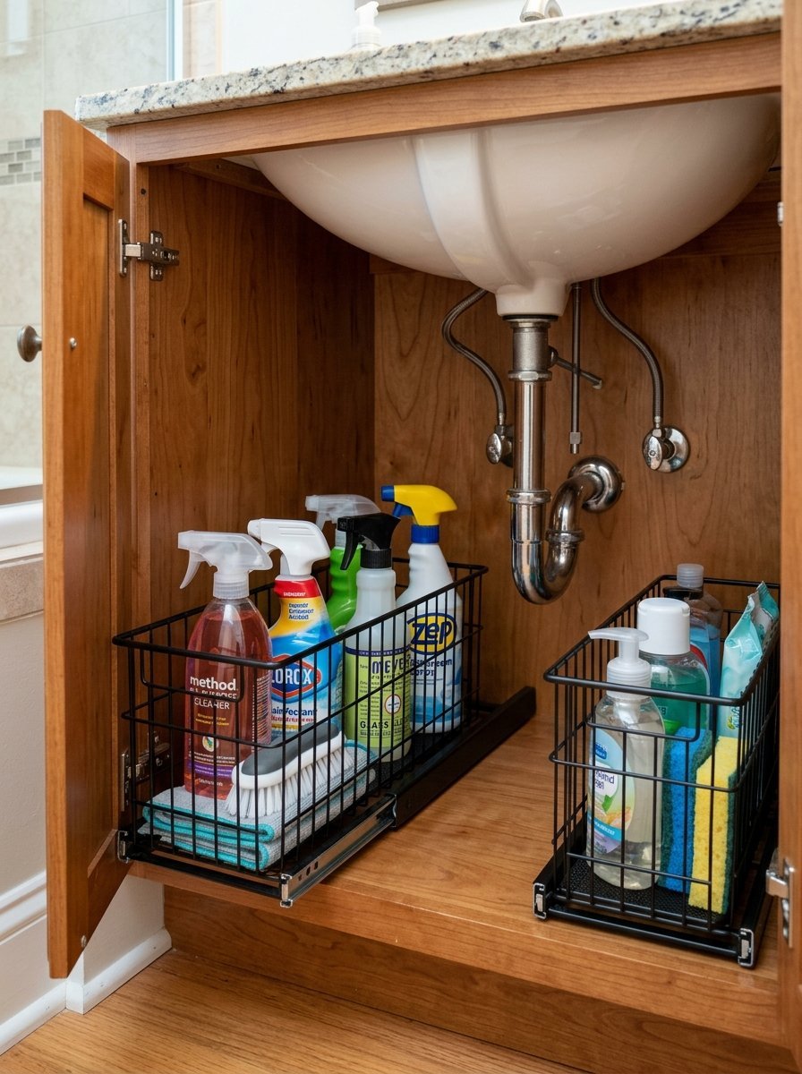 Sliding wire shelves holding spray bottles, sponges, and soap containers inside a wooden bathroom cabinet.