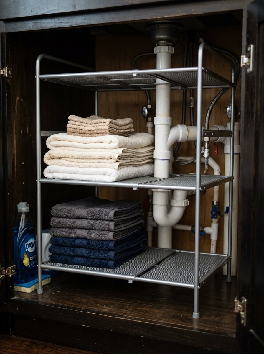 A wire mesh shelving unit in a dark wooden cabinet holding stacks of beige, white, grey, and navy blue towels.