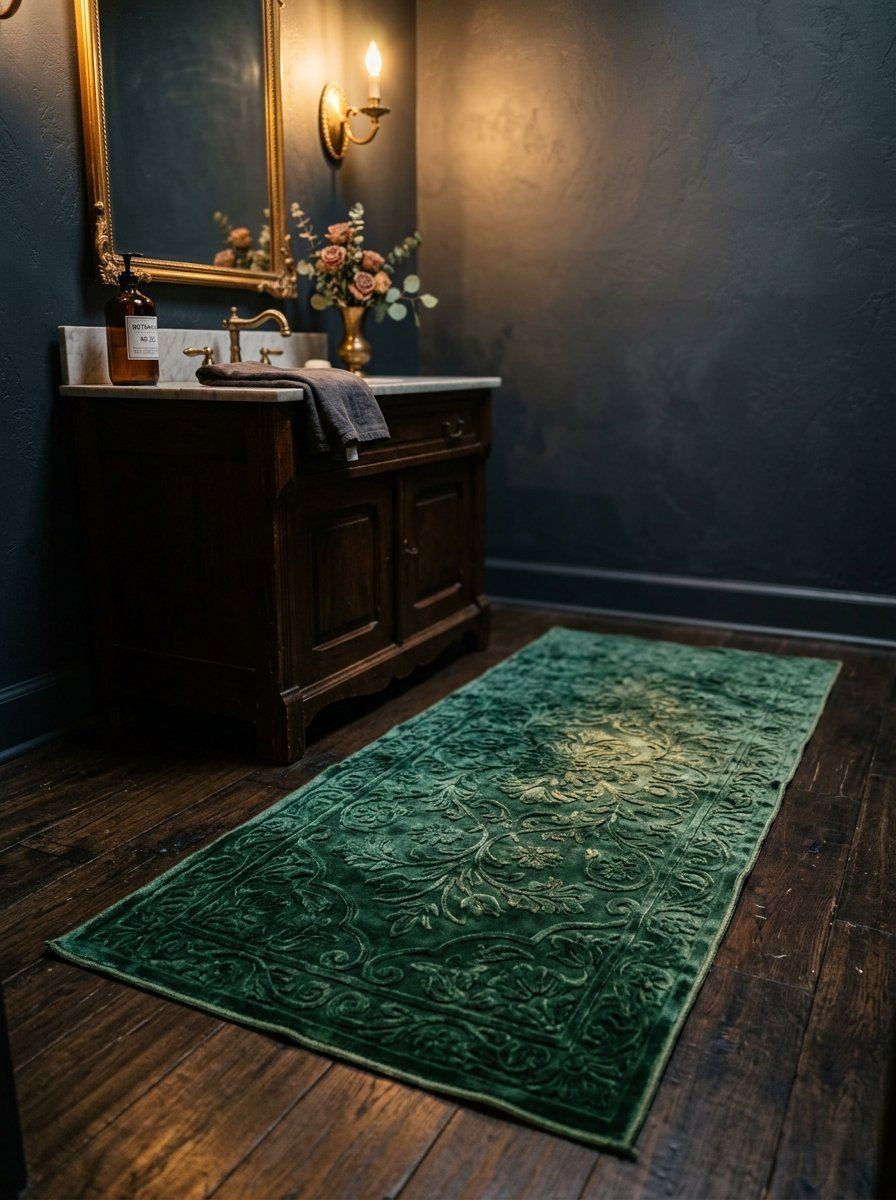 An ornate emerald green velvet rug with embossed floral patterns sits on dark hardwood floors in a dimly lit restroom.