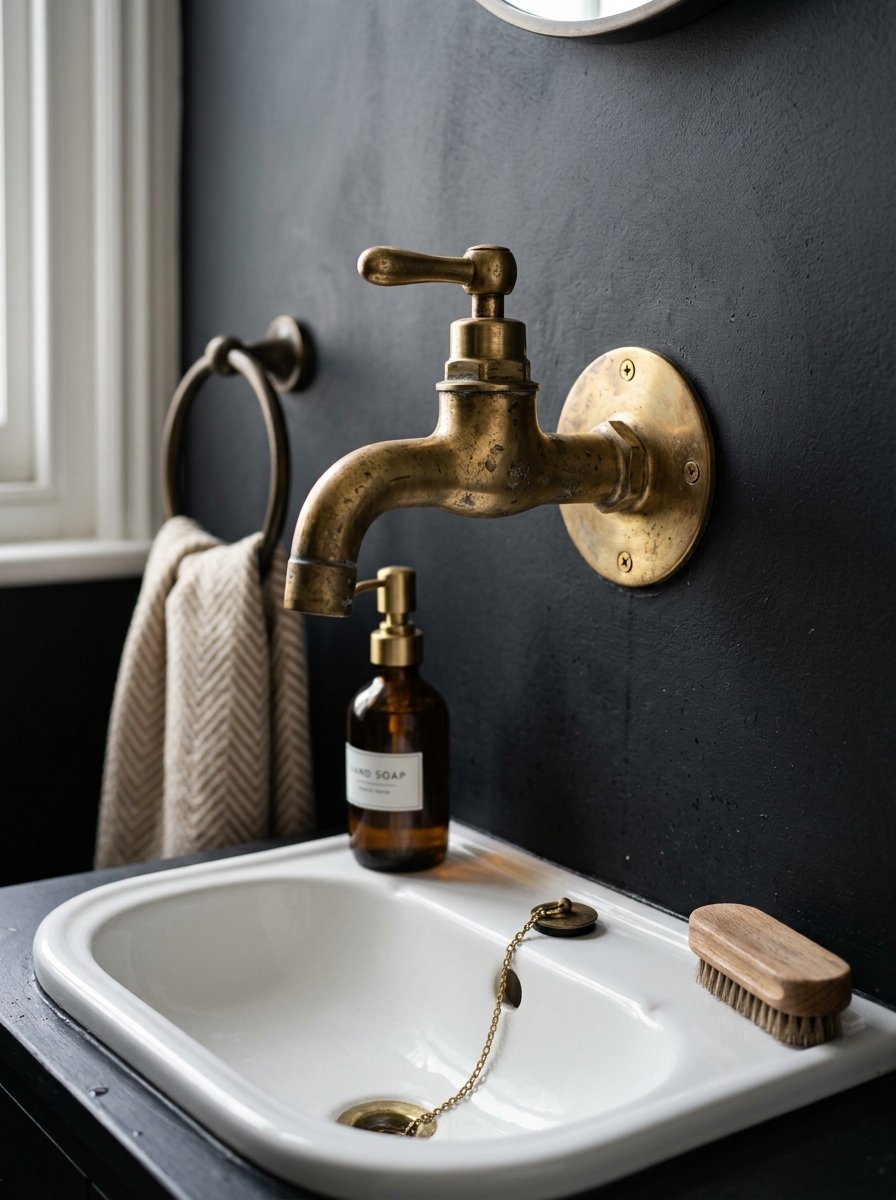 Vintage aged brass spigot fixture mounted on a matte black wall above a small white basin and soap bottle.