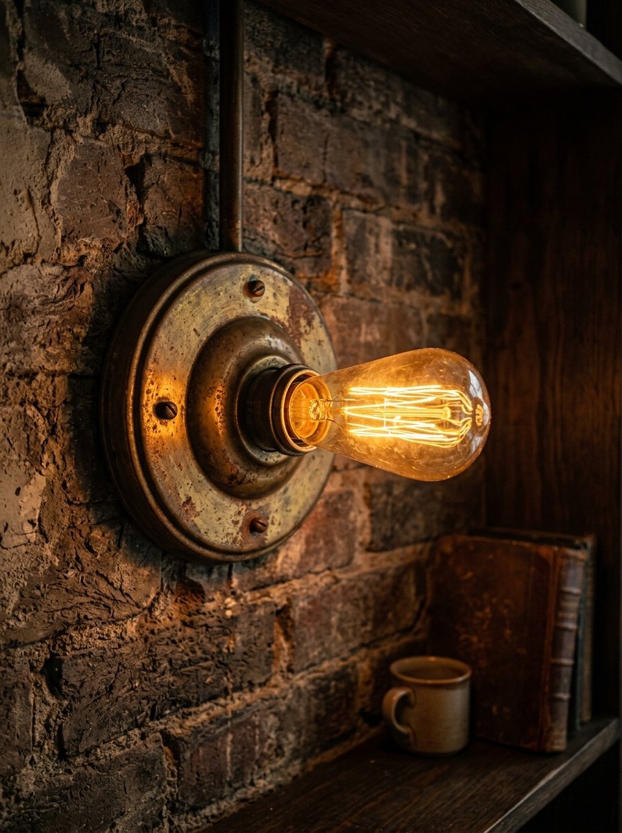 A warm, lit Edison light bulb mounted on a distressed brass fixture against a rustic brick wall.