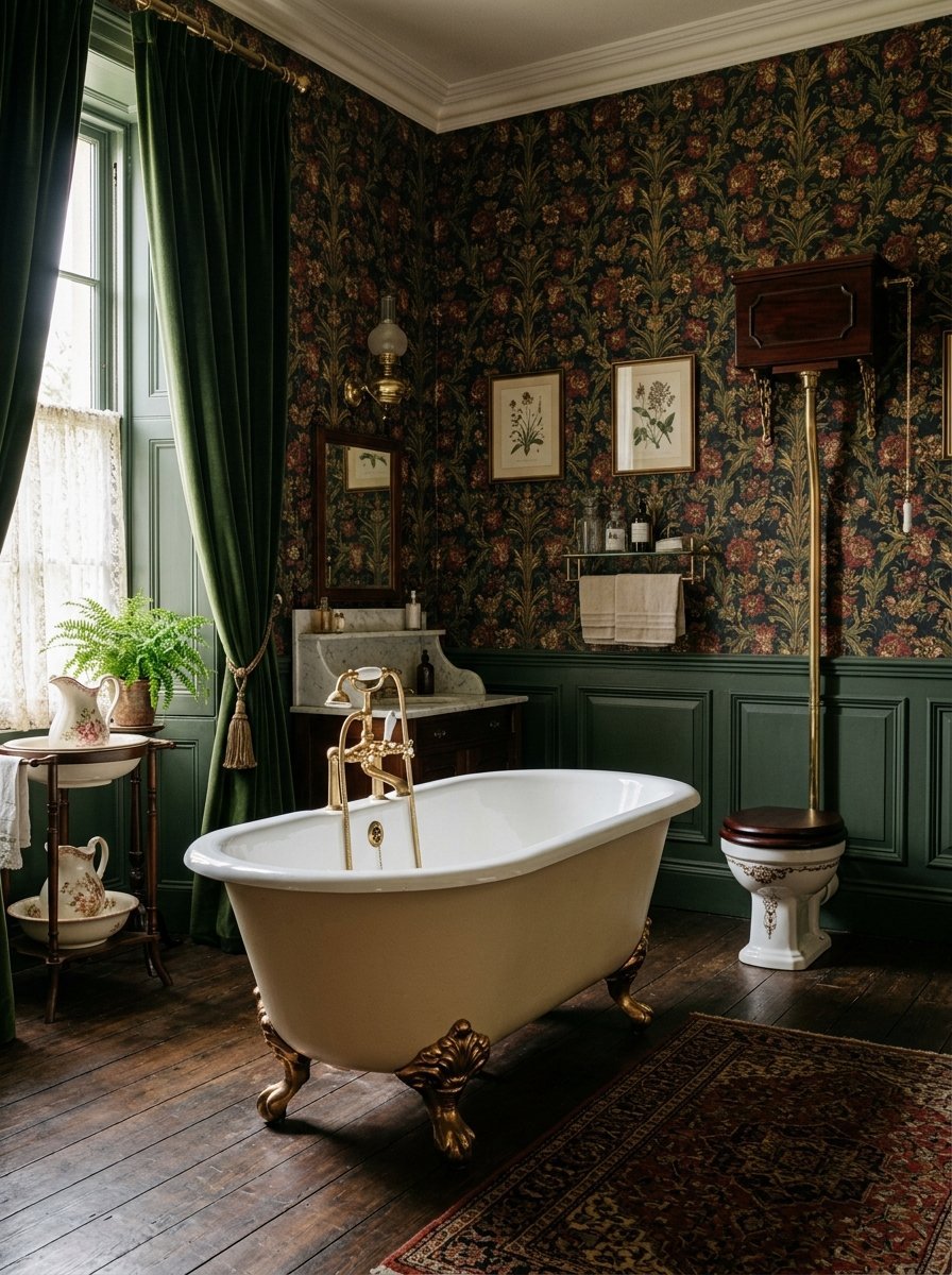 A classic clawfoot bathtub sits on a wooden floor in a room with dark floral wallpaper and forest green paneling.